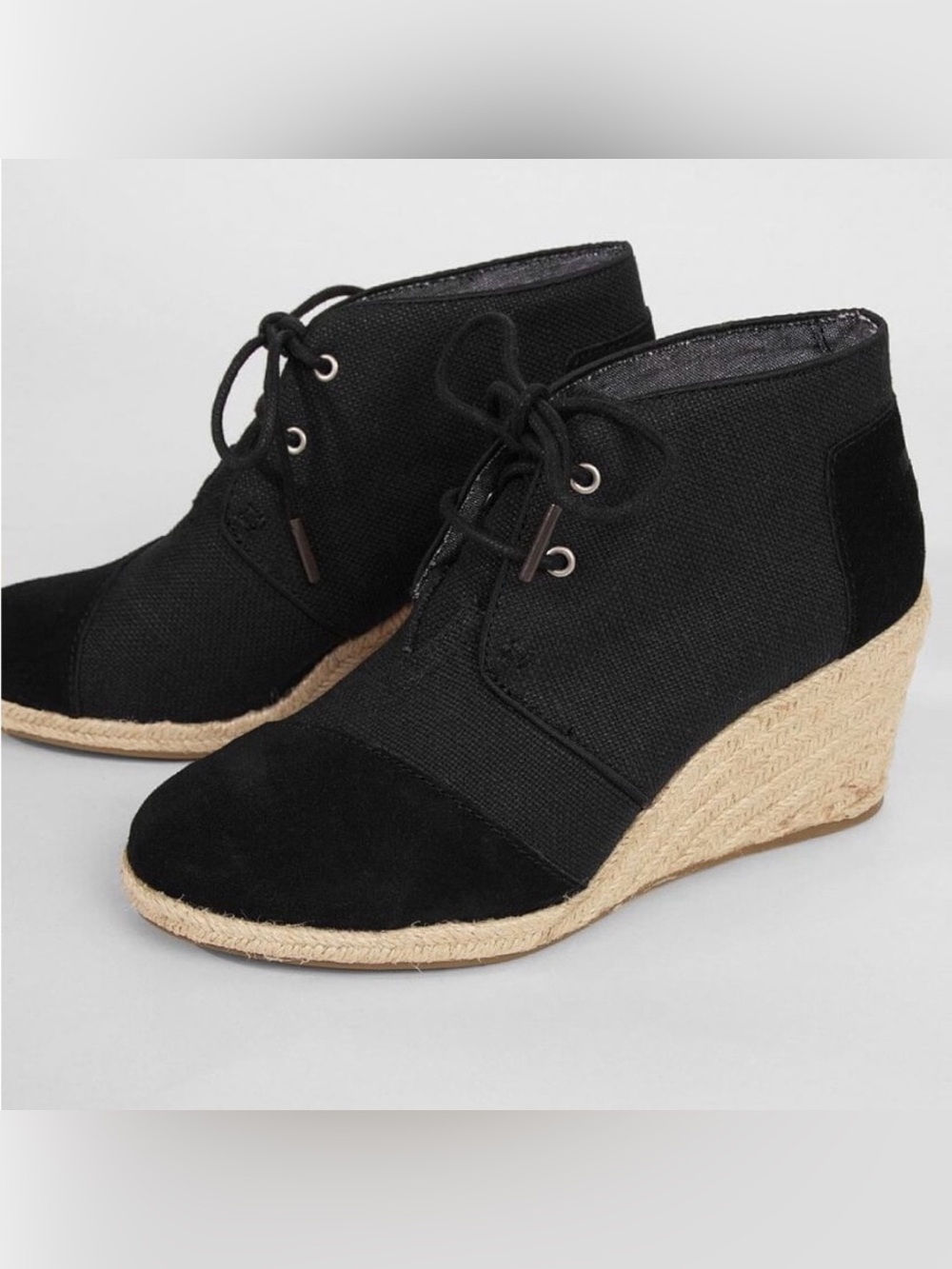 Toms Desert Canvas Espadrille Black Lace Up Wedge Size 9.5 NEW